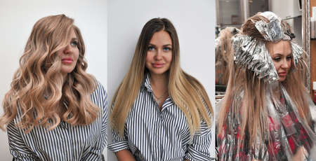 Young blonde woman with long wavy hair before and after hair coloring, three photos, hair transformation process, indoorsの写真素材