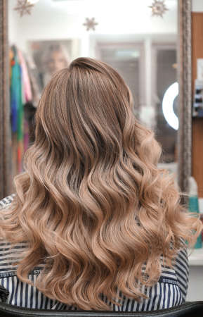 Hollywood curls on a young blonde woman in a beauty salon, view from the backの写真素材