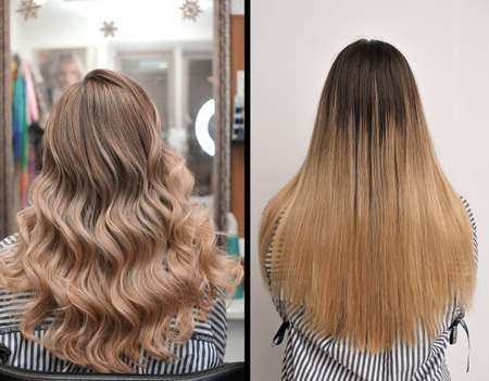 Young blonde woman with long hair before and after dyeing hair, two photos, view from the back indoorsの写真素材