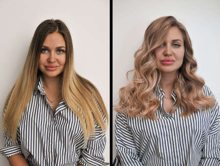 Young blonde woman with long hair before and after hair coloring, two photos on a white background indoorsの写真素材