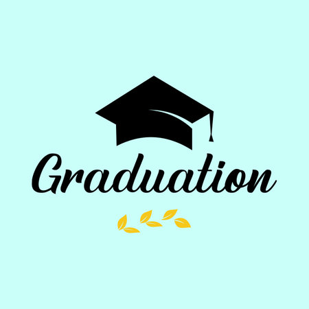 Vector illustration of graduation gown hat on turquoise background. Caps thrown. Congratulations to graduating class. Greeting line art design, banner, invitation cardのイラスト素材
