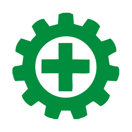 The green health icon with a gear wheel in the middle has a plus sign as a symbol of health. Editable health symbolsのイラスト素材