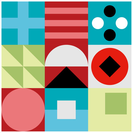 Geometric background arranged in a square artboard. Geometric background consisting of circles, squares, triangles, brightly colored squares. Abstract editable geometry backgroundのイラスト素材