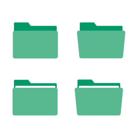Set of flat green folder icons. Various folder symbols. Suitable for document management application design elements, computer file directories, and office storage foldersのイラスト素材