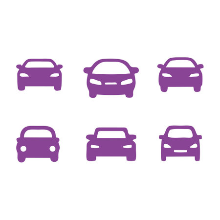 Set icon of car. Silhouette of cute cartoon toy car in purple. Illustration, miniature, imitation, logo of car. Editable vehicles vector.のイラスト素材