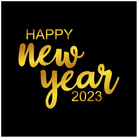 HAPPY NEW YEAR 2023 in handwriting. Isolated in black background and golden font. Celebration...