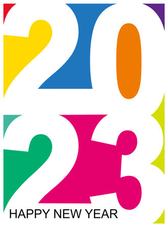 Happy New Year 2023 greetings on a colorful background with 2023 written in white. Celebration...