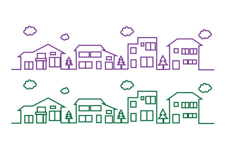 Illustration of rows of houses, apartments, hotels, residences that line up to form a row of comfortable urban settlements. A symbol of dense urban life, but still beautiful.のイラスト素材