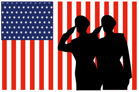 Silhouettes of male and female soldiers saluting the american flag. American flag background with soldier silhouette. Suitable for design commemoration of independence and nationalのイラスト素材