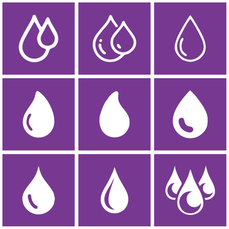 Set of water drop icons isolated on purple background for your web and mobile app design, drop logo concept. Suitable for design elements involving liquidsのイラスト素材