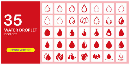 water drop icon set, vector illustration. Flat design style, red color. 35 water icon collection in red color. The water symbol can also be used as a blood symbolのイラスト素材