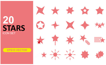 Set of red stars on white background. Vector illustration. Eps 10. A collection of 20 varied and unique star icons, in a calm red color isolated on a white backgroundのイラスト素材