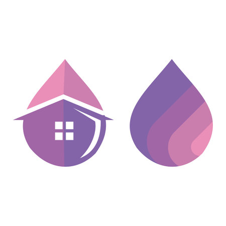 House with water drops icon. Real estate concept. Vector illustration.. House symbol with water drop shape. Suitable for use for water company logos for housing, etcのイラスト素材