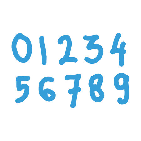 Hand drawn doodle numbers set. Vector illustration isolated on white background. Series of numbers 0, 1, 2, 3, 4, 5, 6, 7, 8, 9 handwritten in blue inkのイラスト素材