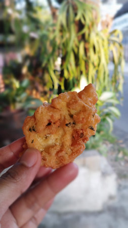 Fried fish cake in hand on blurred background. Thailand. Fish fried golden brown. Delicious fish nuggetsの写真素材