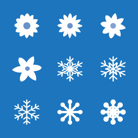 Snowflakes icons set. Vector illustration. White snowflakes on blue background. Snow design elements that represent winter for winter design purposes.のイラスト素材