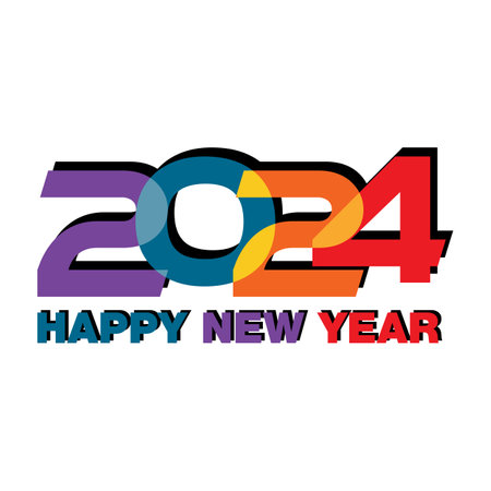 Happy New Year 2024 Text Design. Colored numbers. Vector illustration design. Greeting card. Alphabet letters and numbers. Colorful typography.のイラスト素材