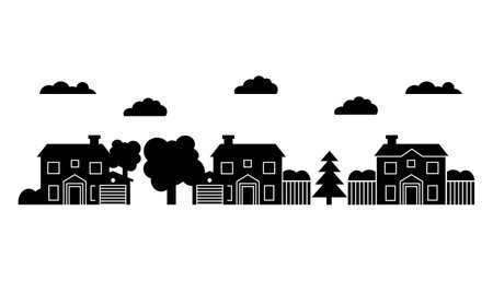 houses and trees silhouette on white background, vector illustration, eps Silhouette of a quiet and comfortable settlementのイラスト素材