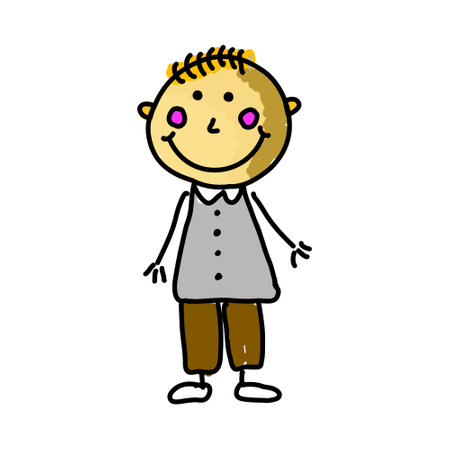 illustration of a boy waving his hand with a happy face.  Basic design elements of a cute children's cartoon in a colorful flat styleのイラスト素材