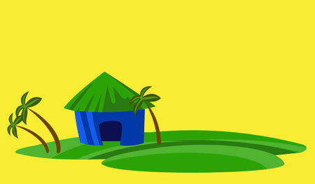 Illustration of a house with a palm tree on a yellow background. Illustration background involving fire elements of wooden houses on the coast. Design background elementsのイラスト素材