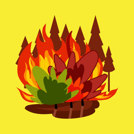 Flat style vector illustration of bonfire with forest in the background. large and big fire illustration design. Fire background element. Fire element background for your designのイラスト素材