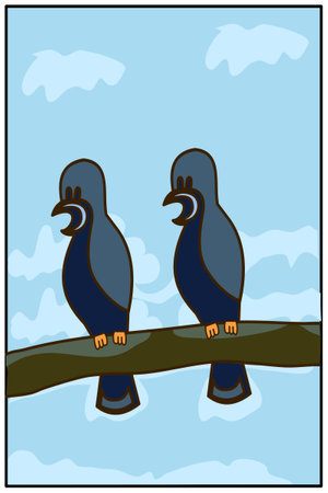 Pigeons sitting on a branch. Bird illustration in cartoon style. Cute and unique animal design elements. Illustration of a pair of crows or pigeons.のイラスト素材
