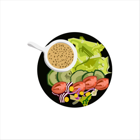 Illustration of fast food. illustration of a plate with a plate of salad and soup, sausages and mustard. Set of healthy food illustration design elementのイラスト素材