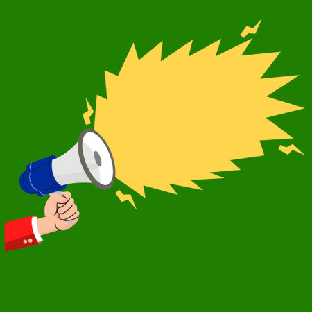 Hand holding megaphone with speech bubble on green background. Copy space for your promotion text. Design element illustration for your broadcasting needsのイラスト素材