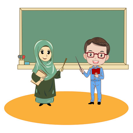 Muslim teacher and student at the blackboard in classroom. Teacher cartoon illustration of work, the profession of a teacher.Suitable for use in designing job introduction for kidsのイラスト素材