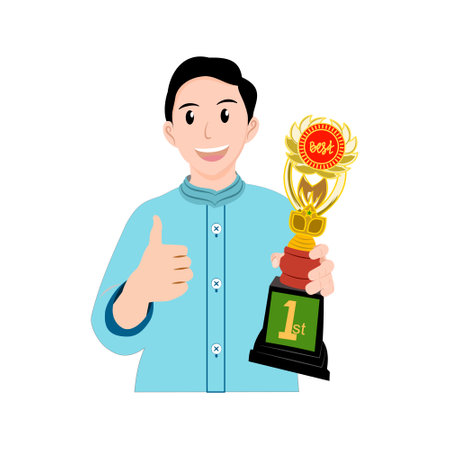 Successful boy holding a trophy and showing thumbs up.  Young student character illustration isolated on white background. Design element of cartoon peopleのイラスト素材