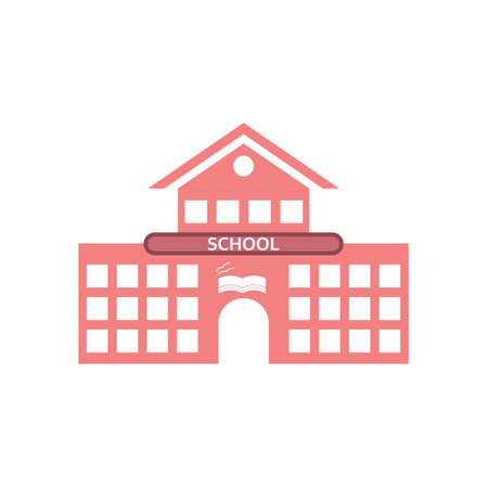 School building icon in flat color style. Education, university, college. Education learning and study theme. School building symbol for educational design. Isolated design.のイラスト素材