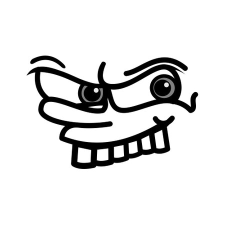 Funny cartoon monster face with eyes and mouth. Design of facial elements with big teeth and scary facial curves. Made in line style.のイラスト素材