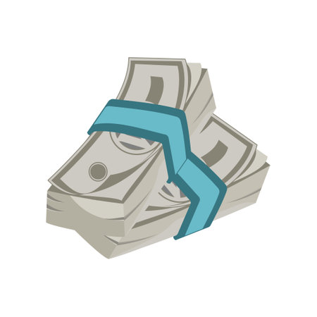 Bundle of dollar bills with a blue ribbon. Money icon in flat color style. Banknotes, cash. Graphic design elements illustrating wealth, finance, money and the economic themeのイラスト素材