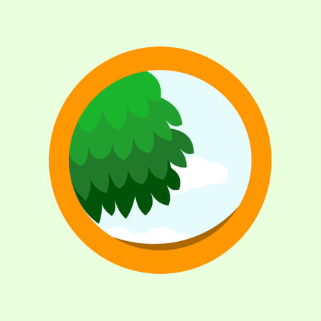 Pine tree icon in flat style. Nature illustration on white isolated background. Illustration of a round window with a view of trees and blue sky. Design elements illustrationのイラスト素材