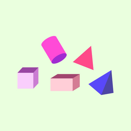 Illustrations of geometric shapes such as cubes, blocks, cylinders, prisms and pyramids with bright...
