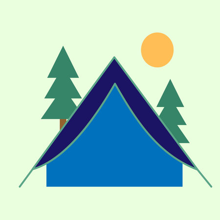 Flat minimalist illustration of a blue camping tent with pine trees and a bright sun in the background, symbolizing outdoor adventure, travel, and summer nature activities.のイラスト素材