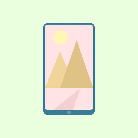 Minimalist illustration of a smartphone displaying a landscape photo icon with simple mountains and a sun on a soft pastel background, symbolizing digital images and mobileのイラスト素材