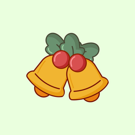 A pair of golden Christmas bells decorated with green holly leaves and red berries on a pale green background. A classic festive illustration for holiday decor and seasonal greetinのイラスト素材