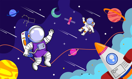 two astronauts explore the galaxyのイラスト素材