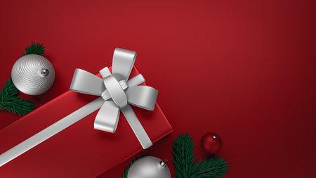 New year gift, elegant black box with a gold ribbon, black flat background. 3D Render. Top View Cristmas Gift Box and balls decorated with the composition. Banner, poster, Invite card. Happy New Yearの写真素材