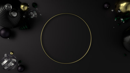 New year's holiday abstract background, with gold and black Christmas balloons. 3D Render. Xmas pattern round baubles. Banner, poster, Invite card. Happy New Year 2020.の写真素材