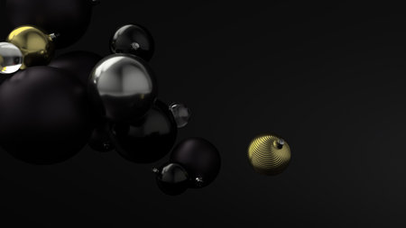 New Year's golden ball over the background of black balls. 3D Render. Xmas pattern round baubles. Banner, poster, Invite card. Happy New Year 2020の写真素材