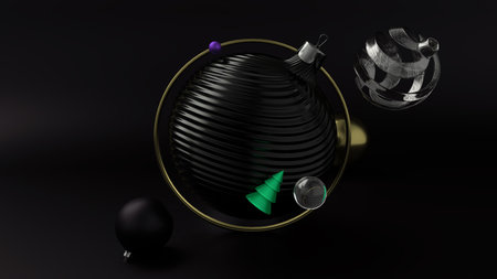 New year's holiday abstract background, with gold and black Christmas balloons. 3D Render. Xmas pattern round baubles. Banner, poster, Invite card. Happy New Year 2020.の写真素材
