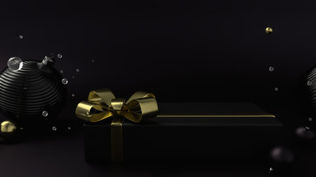 Christmas elegant black gift box with a gold ribbon, black flat background. 3D Rendering. Cristmas Gift Box and balls decorated with the composition. Banner, poster, Invite card. Happy New Yearの写真素材