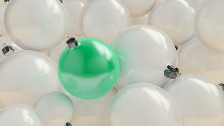 New Year's ball of Tiffany color over the background of white balls. 3D Render. Xmas pattern round baubles. Banner, poster, Invite card. Happy New Year 2020.の写真素材