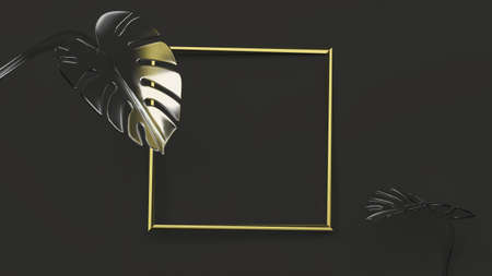 Golden square frame on black background with monstera leaves. 3D Illustration. Front view. Abstract floral geometry mockup, black key lighting. Matted glassの写真素材