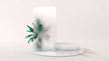 Frosted glass frame of a phone template application on podium. 3D Illustration. Front view. Marble cylinder scene with leaves isolated on background.の写真素材
