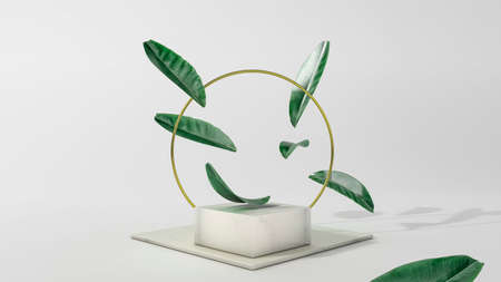 Golden circle and podium with falling leaves 3D Illustration. Front view. Marble cquare Isolated on background. Abstract minimal scene.の写真素材