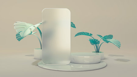 Frosted glass frame of a phone template application on podium. 3D Illustration. Front view. Marble cylinder scene with monstera leaves isolated on background.の写真素材
