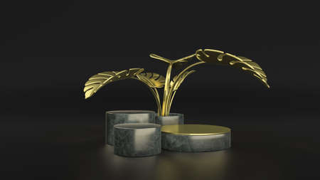Gold monstera leaves and product stand minimal scene. 3D Illustration. Front view. Marble cylinders...